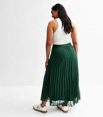 Curves Dark Green Pleated Chiffon Midi Skirt New Look