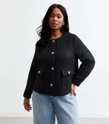 Curves Black Bouclè Cropped Jacket | New Look