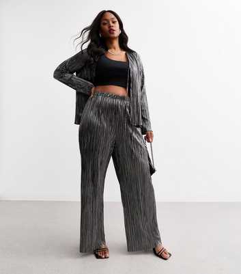 Curves Grey Metallic Plisse Pleat Wide Leg Trousers