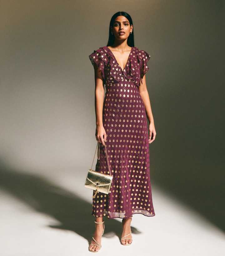 Burgundy Foil Polka Dot Chiffon Maxi Dress Burgundy Foil Polka Dot Chiffon Maxi Dress