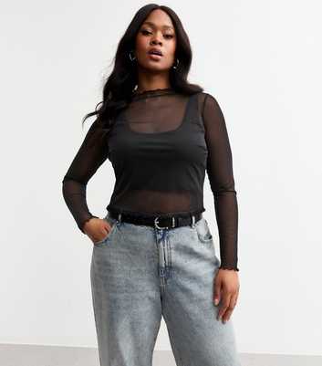 Curves Black Sheer Mesh Long Sleeve Top