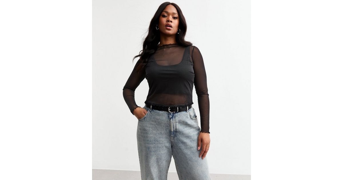 Cross Print Sheer Long Sleeve Top Black Casual Chic