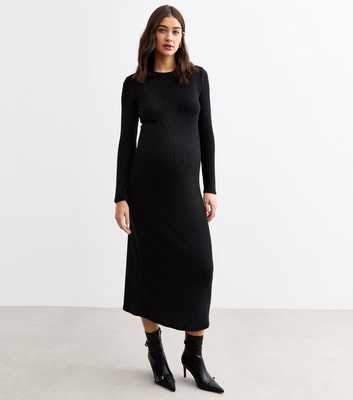 Maternity Black Back Slit Rib Jersey Midi Dress