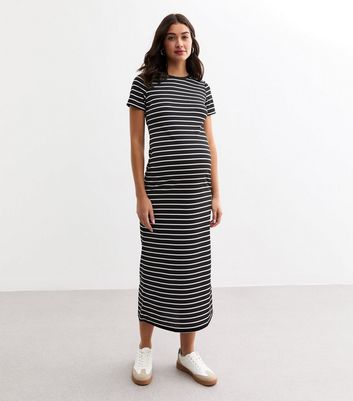 Maternity Black Striped Jersey Midi T Shirt Dress New Look