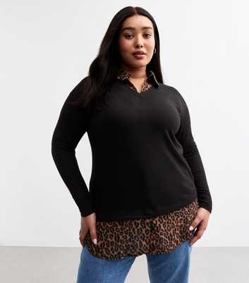 Curves Black Soft Touch Leopard Print Sleeve Top