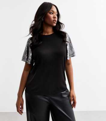 Curves Black Metallic Sleeve T Shirt