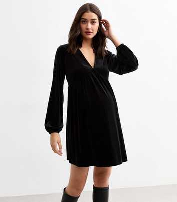 Maternity Black Velvet V-Neck Mini Smock Dress