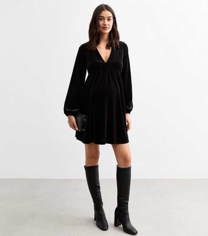 Maternity Black Velvet V-Neck Mini Smock Dress | New Look Maternity Black Velvet V-Neck Mini Smock Dress | New Look