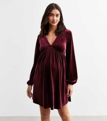 Maternity Burgundy V-Neck Velvet Smock Mini Dress