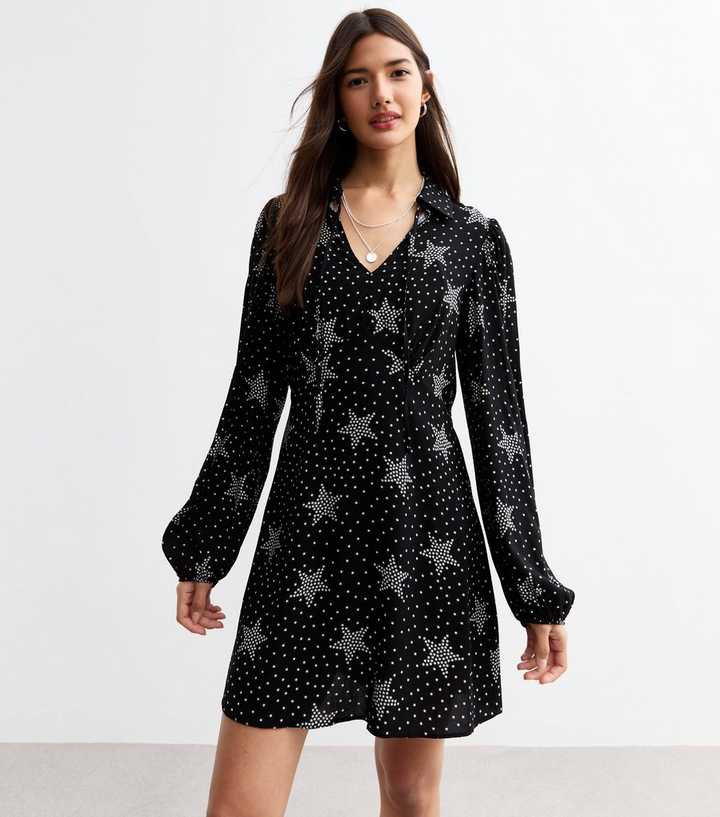 Black Star Print Long Sleeve Mini Dress