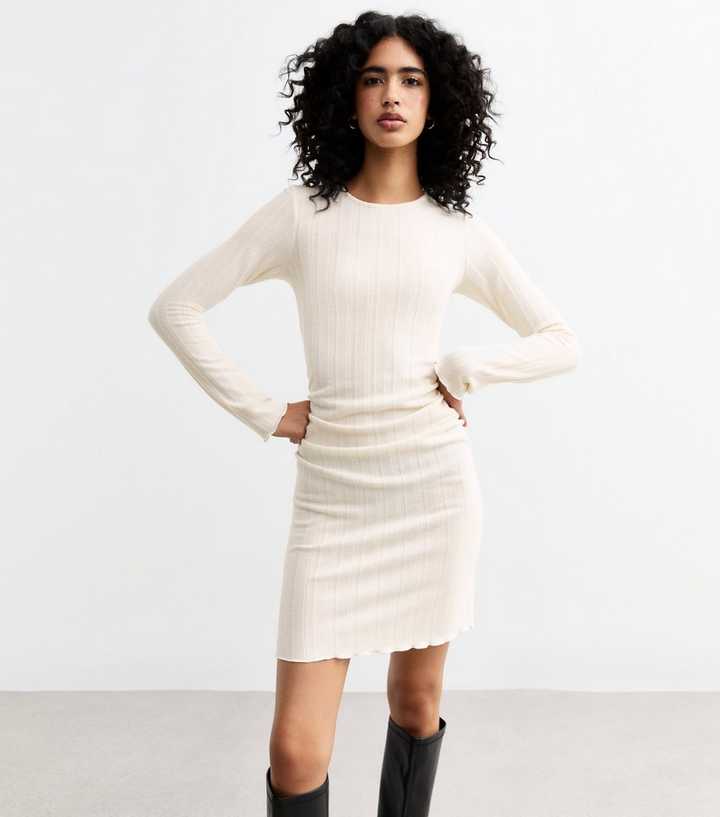 Ribbed Side Ruched Mini Cream Wide Rib Ruched Mini Dress | New Look