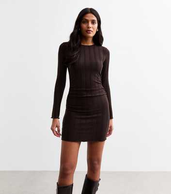 Brown Wide Rib Ruched Mini Dress