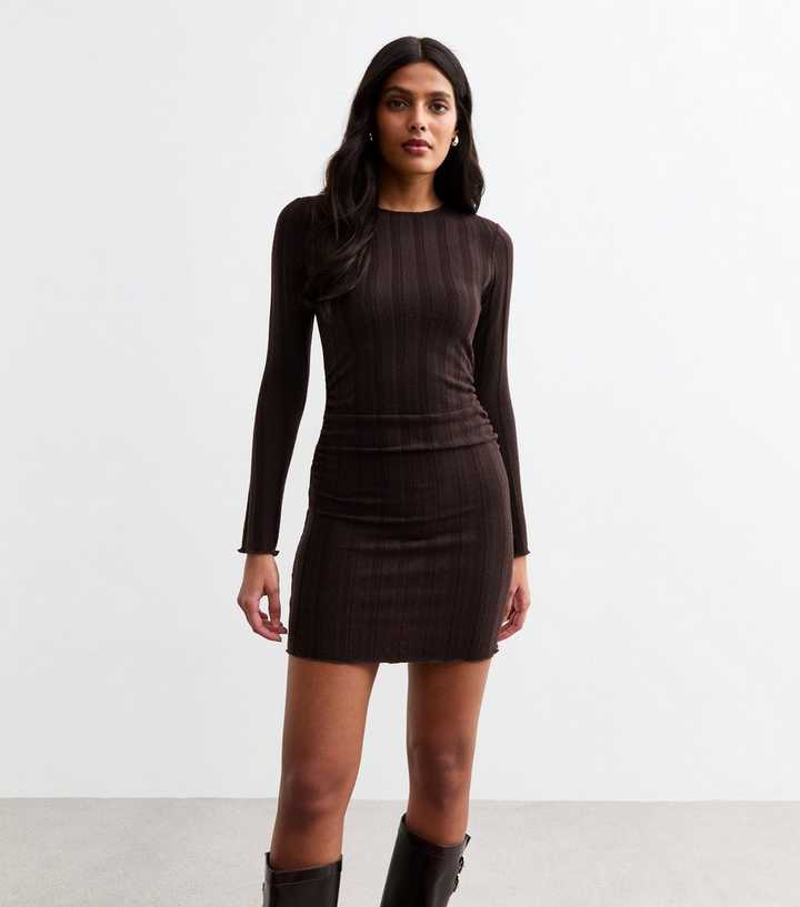 Brown Wide Rib Ruched Mini Dress | New Look