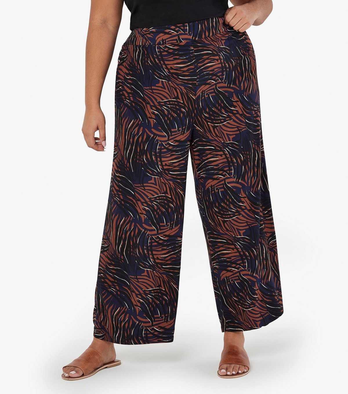 Women's Plus Size Navy Animal Print Wide Leg Trousers Curves Apricot New Look