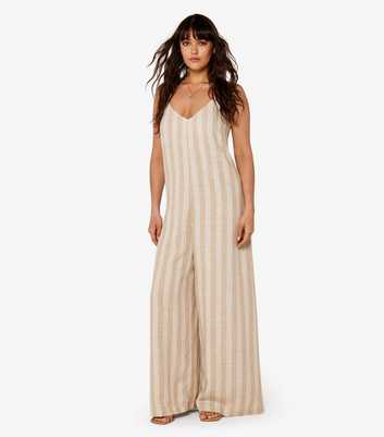 Apricot Stone Linen-Blend Stripe Print Jumpsuit