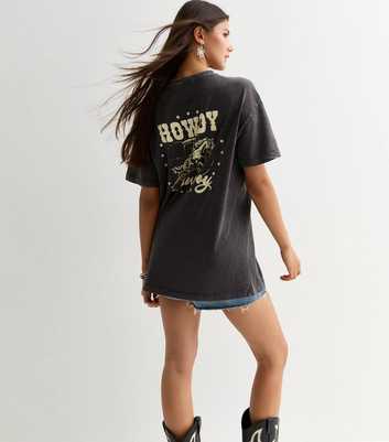 Grey Howdy Cowboy Print Acid Wash Oversized Cotton T-Shirt
