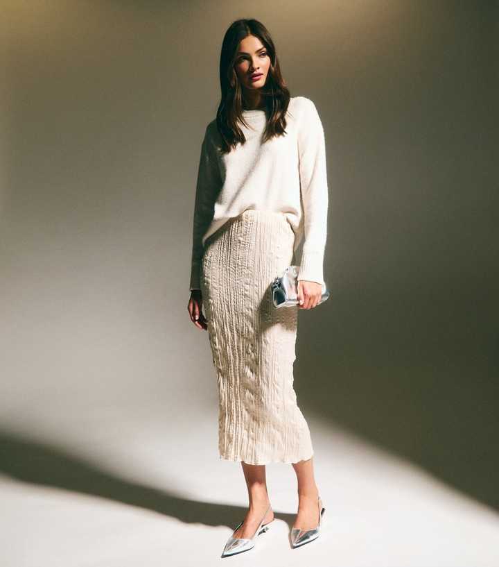 Cream Crinkle Midi Skirt 