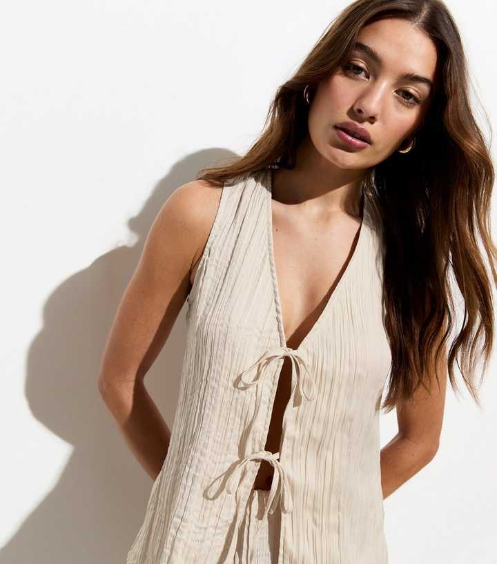Cream Crinkle Tie Front Top