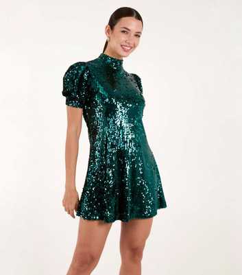 Blue Vanilla Dark Green Puff Sleeve Sequin Mini Dress