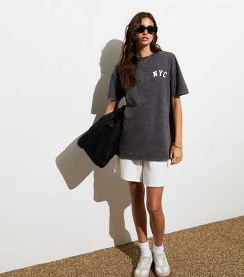 Grey NYC-Print Acid-Washed Oversized Cotton T-Shirt