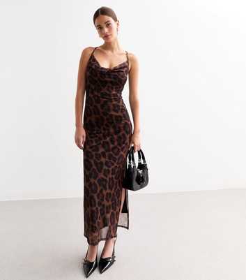 Brown Leopard Print Mesh Midaxi Dress