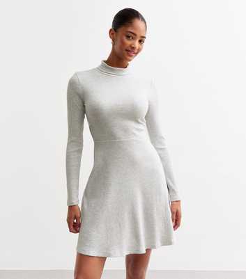 Grey Ribbed Roll Neck Mini Skater Dress