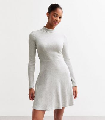 Grey Ribbed Roll Neck Mini Skater Dress New Look