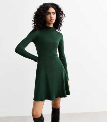 Dark Green Ribbed Roll Neck Mini Skater Dress