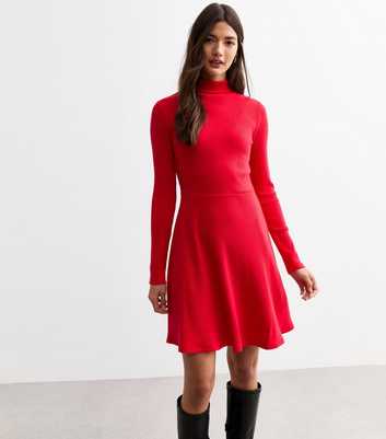 Red Ribbed Roll Neck Mini Skater Dress