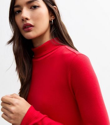 Turtleneck Dress Autumn Skater Dress Red Ribbed Roll Neck Mini