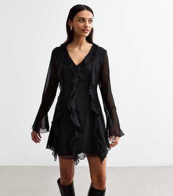 Black Ruffle Trim Chiffon Mini Dress