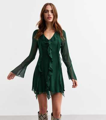 Dark Green Ruffle Trim Chiffon Mini Dress