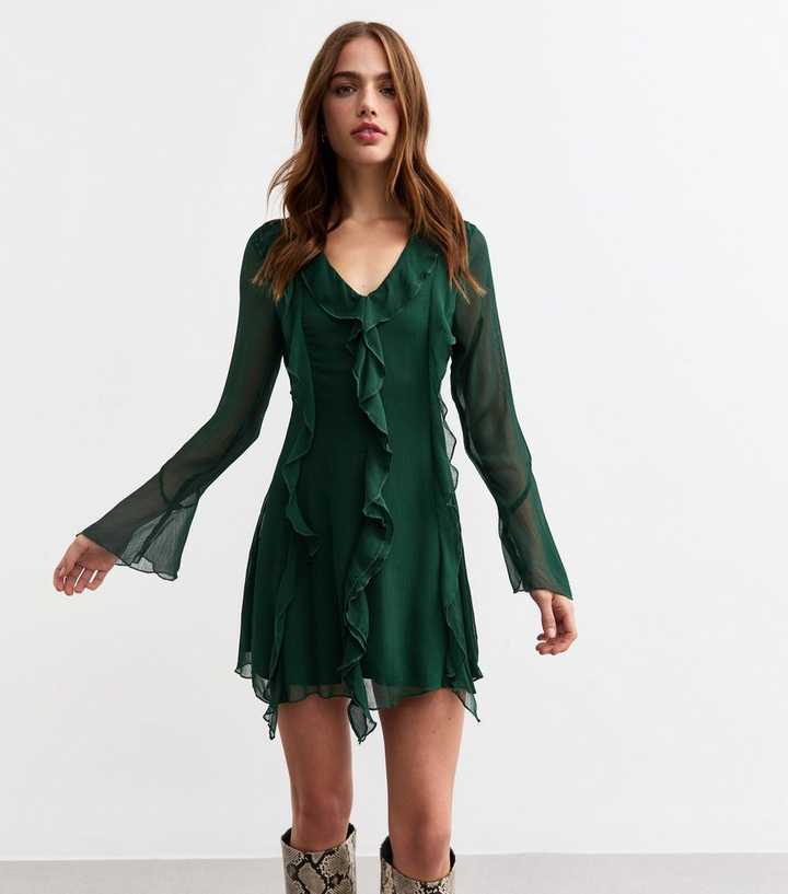 Dark Green Ruffle Trim Chiffon Mini Dress | New Look