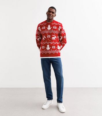 Men's Red Regular Snowman Illustration Jumper New Look