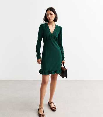 Green Ladder Trim Long Sleeve Mini Dress