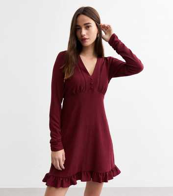 Burgundy Ladder Trim Long Sleeve Mini Dress