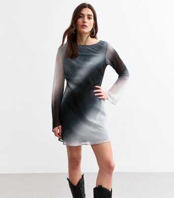 Grey Chiffon Ombré Flared Sleeve Mini Dress