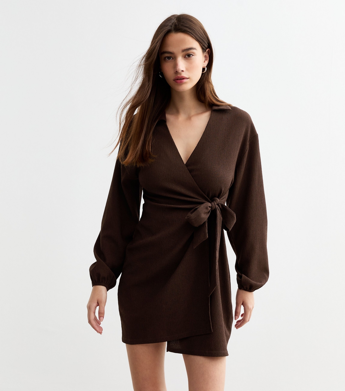 Women's Dark Brown Collar Wrap Mini Dress New Look