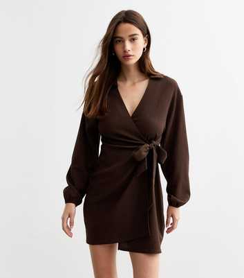 Dark Brown Collar Wrap Mini Dress