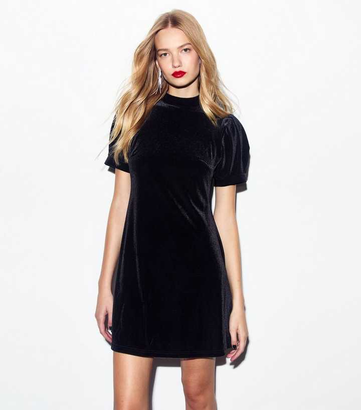 sachin and babi light blue dress Black High Neck Short Sleeve Velvet Mini Dress