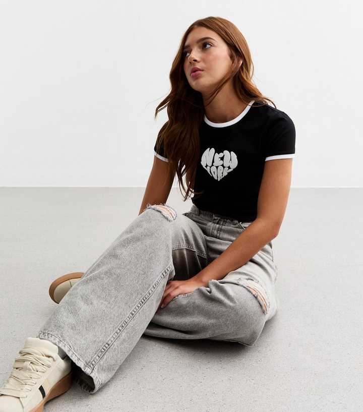 Girls Grey Ripped Wide Leg Jeans
