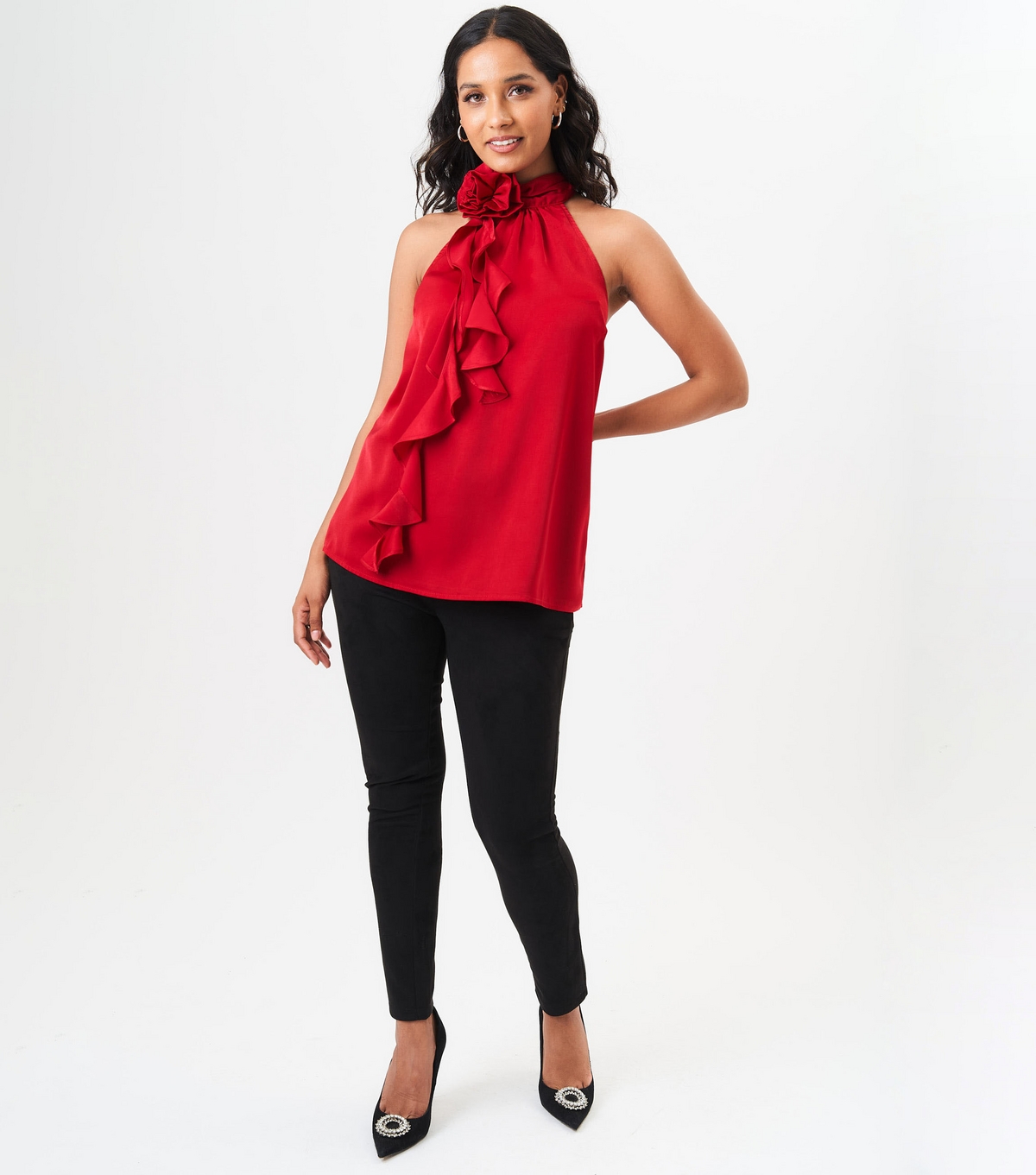 Women's Red Corsage Frill Halter Neck Top Gini London New Look