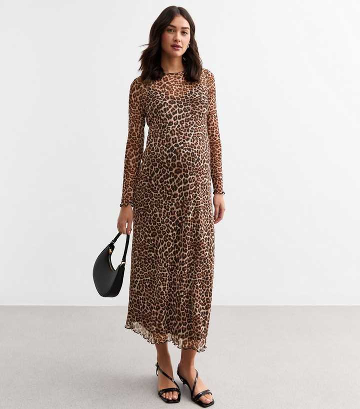 Maternity Brown Leopard Print Mesh Midi Dress | New Look