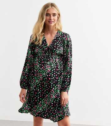 Maternity Black Floral V-Neck Long Sleeve Mini Dress