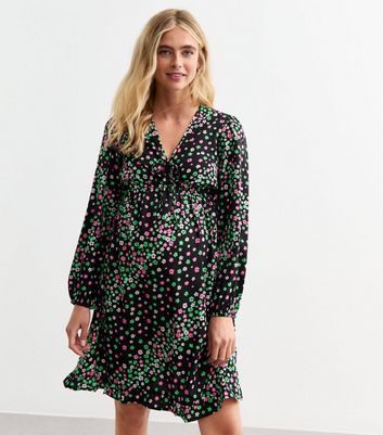 Maternity Black Floral V-Neck Long Sleeve Mini Dress | New Look