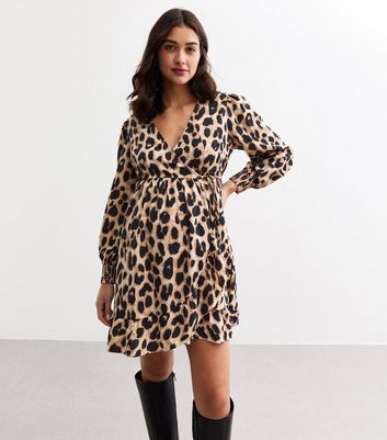 Maternity Brown Leopard Print Wrap Mini Dress New Look