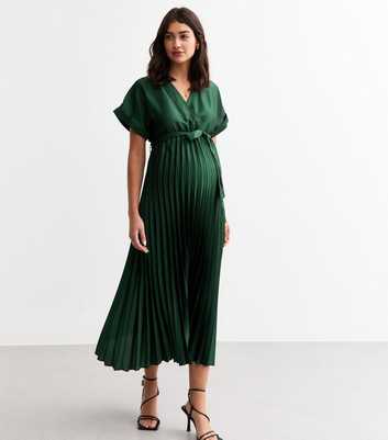 Maternity Green Satin Pleated Midi Dress