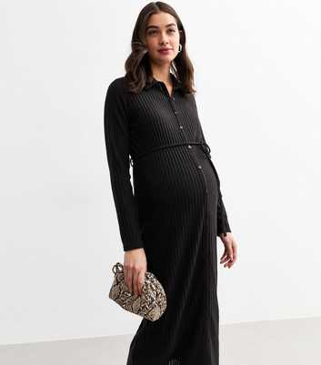 Maternity Black Ribbed Belted Midi Dress