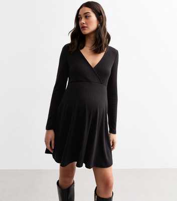 Maternity Black Rib Jersey Mini Wrap Dress