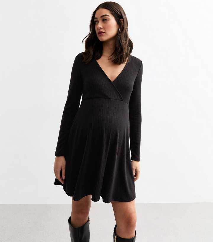 Maternity Black Rib Jersey Mini Wrap Dress | New Look